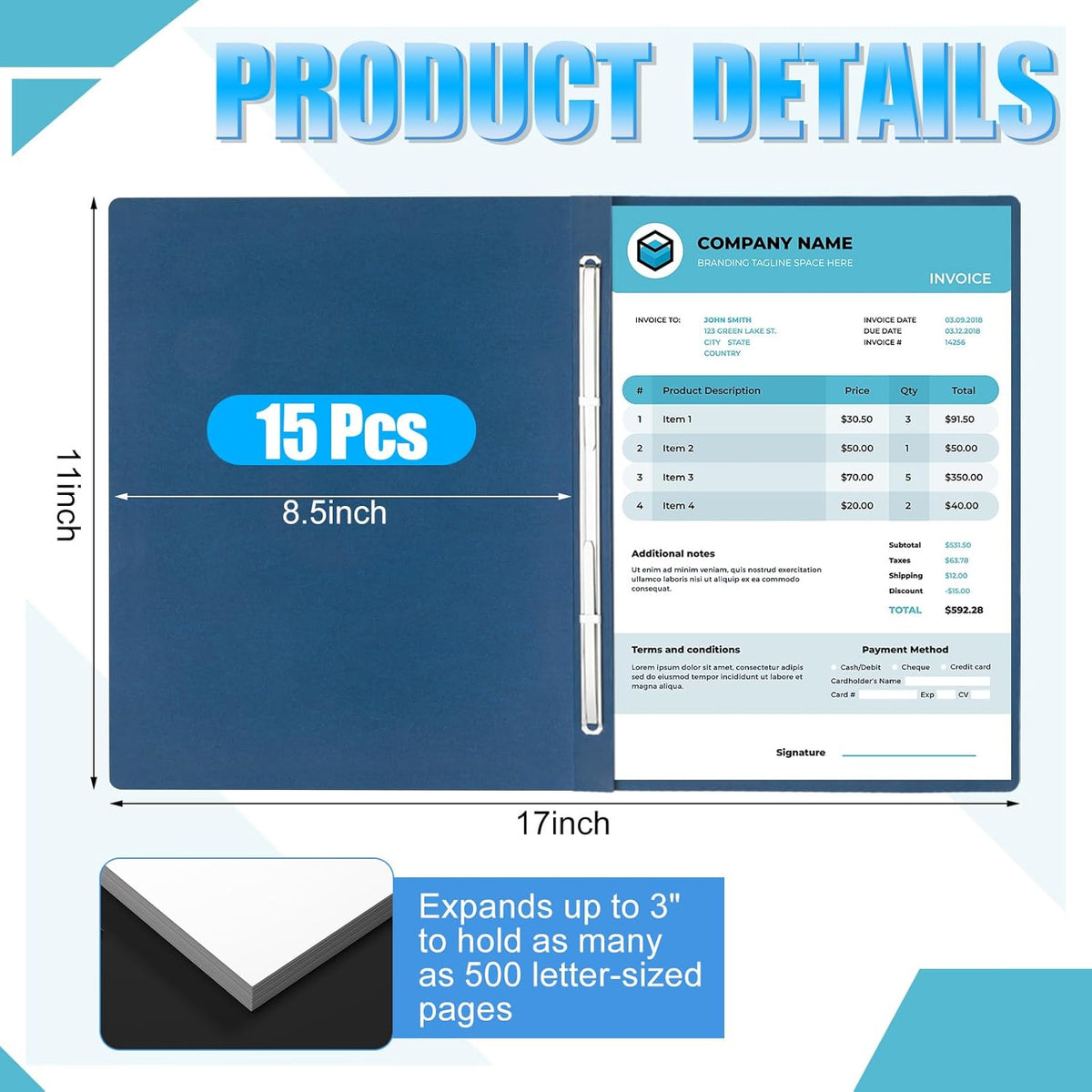 Zhanmai 15 Packs 8.5'' x 11'' Pressboard Report Covers, Metal Prong Fastener with Compressor, Letter Size 3'' Capacity Presentation Report Folder to Neatly Bind Reports, Proposals, Documents(Blue)