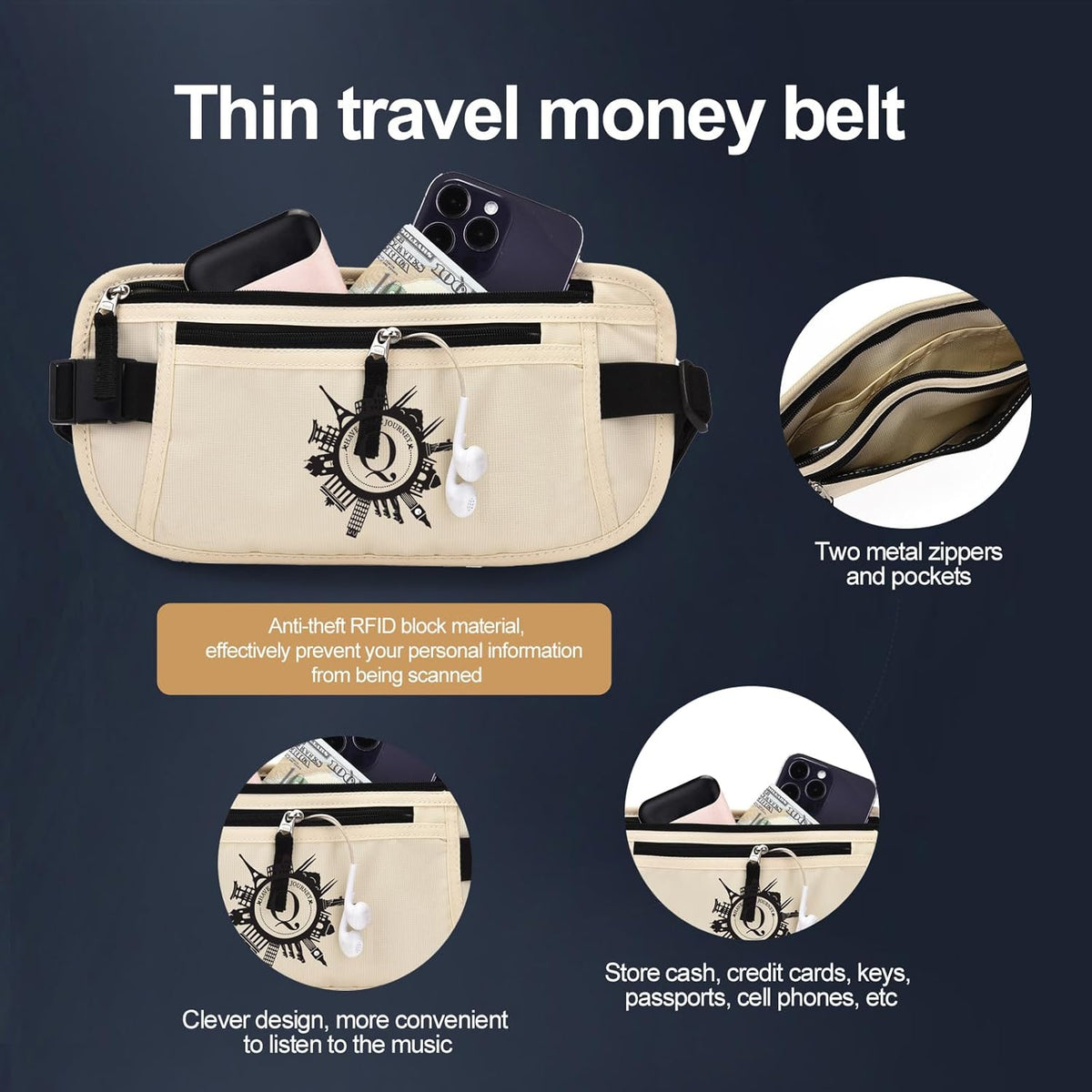 DAITET Personalized Initial Money Belt,RFID Blocking Travel Secure Bag,Monogrammed Gift for Women, Mom and Travel enthusiasts(Q)