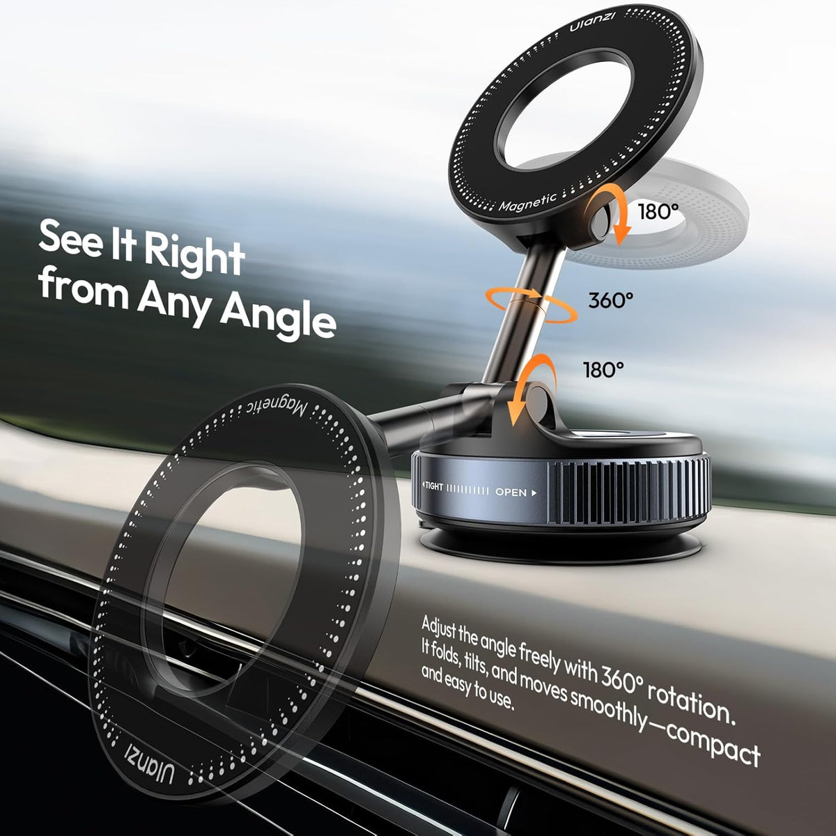 ULANZI SK-25 Car Phone Holder for Magsafe, Vacuum Suction Cup Magnetic Phone Mount, 360° Adjustable Phone MagMount for Car/Ceramic Tile/Gym/Mirror, Load up to 1kg, Magnetic Force ≥14N（Black）