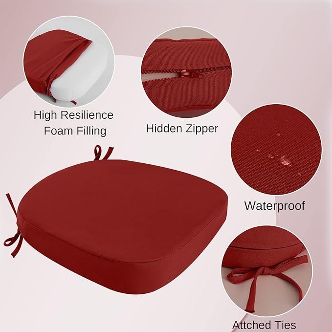 idee-home Outdoor Chair Cushions Set of 4, 19" x 19" x 2" Thick D-Shaped Patio Furniture Outdoor Seat Cushions Waterproof with Ties, Dining Pads