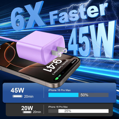 Phone 17 16 Pro Max Charger Fast Charging,45W Phone 17 Charger Type C Chargers USB C Charge Block &6.6FT Long C Charging Cables Cord for Phone 17/17 Pro/ 17 Pro Max/Air/Phone 16 15 Pro Max,Purple
