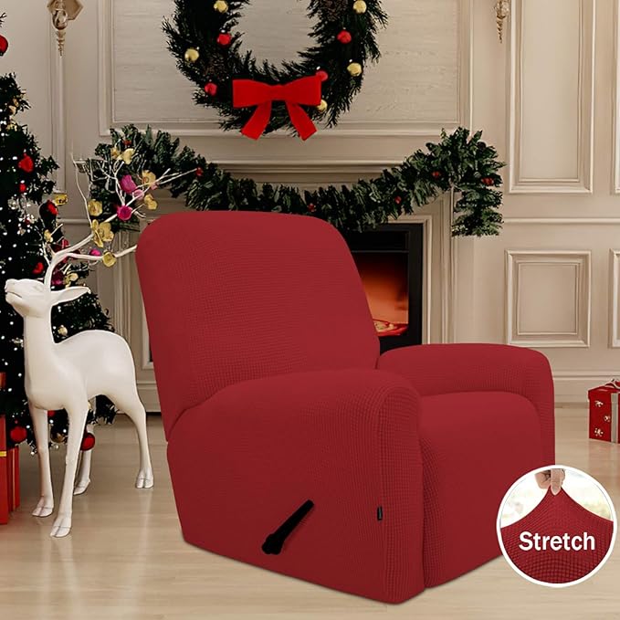 Easy-Going Recliner Stretch Sofa Slipcover Sofa Cover 4-Pieces Furniture Protector Couch Soft with Elastic Bottom Polyester Spandex Jacquard Fabric Small Checks(Recliner,Christmas Red,Large)