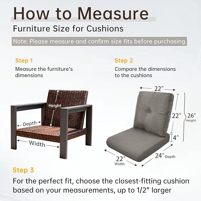 Belord Luxury 4" Thick Outdoor Cushion Set - 22 x24 Inch 28D Sponge Filling Fade-Resistant Chair Cushion, Spill Proof Removable Patio Furniture Replacement Cushions for Sofa Bench Swing - Grey