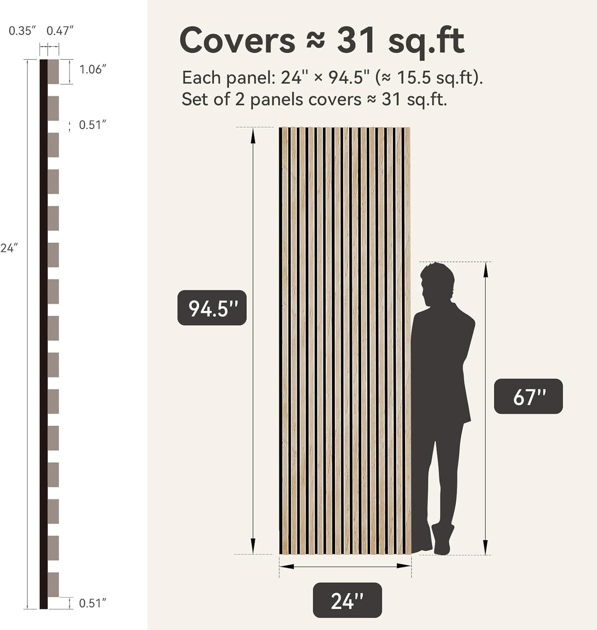 Upick MDF Acoustic Wall Panels Sound Absorbing, 2 Pack 94.5 x 23.4 inch Sound Proof Foam Wall Panels & Wood Slat Wall Panels for Interior Wall Decor, Oak