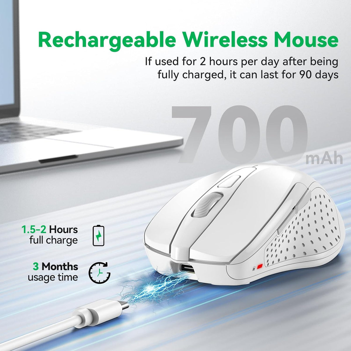 Bluetooth Mouse (BT5.0/3.0 & 2.4G) Rechargeable Wireless Mouse 2.4GHz with USB A Receiver, 4800 DPI Optical Tracking, 6 Adjustable DPI, Quiet Clicks, 6 Buttons, Wide Compatibility - White