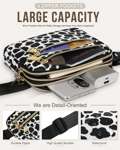 Capolo Fanny Packs for Women Fashion Waist Packs Bag with Adjustable Strap and 4 Zipper Pockets Waterproof Everywhere Crossbody Belt Bag for Workout Running Travelling(Cow Print, Large)
