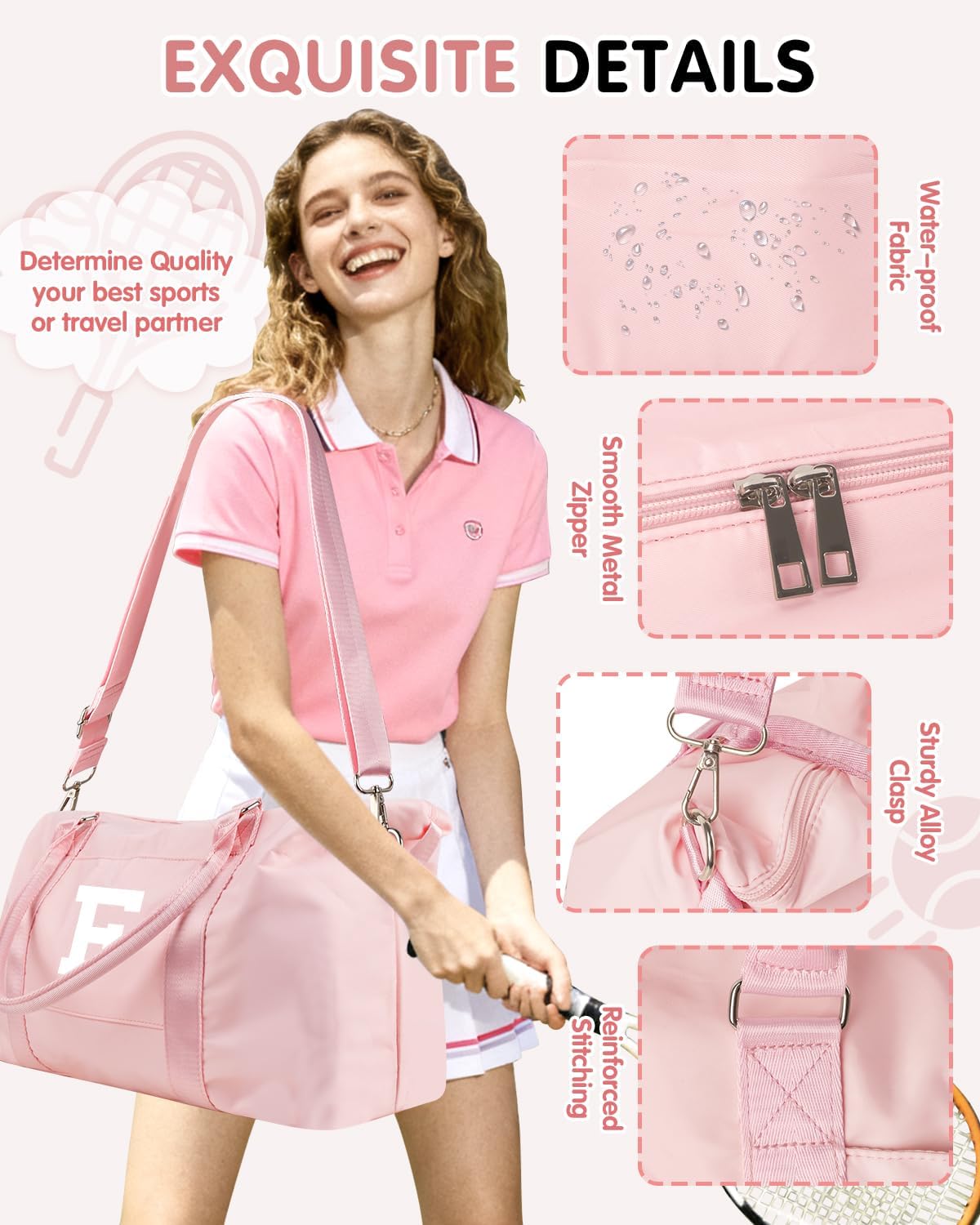 Initial Travel Duffel Bag Sports Gym Bag for Girls Teen Birthday Gifts,Pink Personalized Weekender Bag Carry On Tote Bags for Women Men,Waterproof Overnight Luggage Bag with Trolley Sleeve(Letter F)