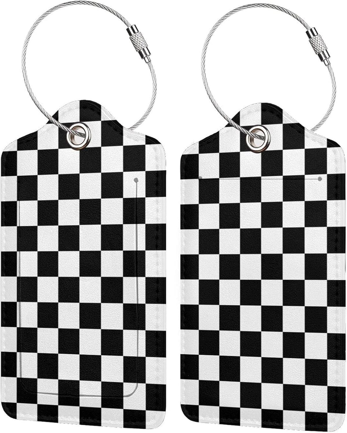 2 Pack Luggage Tags for Travel PU Leather Luggage Tag Name ID Labels with Privacy Cover for Suitcases Women Men Kids Girls (Black and White Grid)