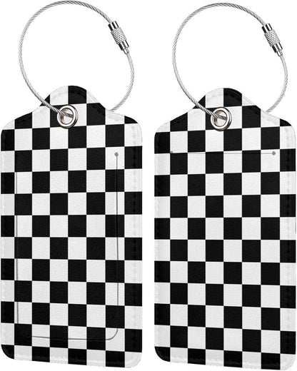 2 Pack Luggage Tags for Travel PU Leather Luggage Tag Name ID Labels with Privacy Cover for Suitcases Women Men Kids Girls (Black and White Grid)
