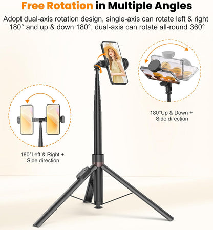 TONEOF 66" Automatic Tripod,Auto-Open Phone Tripod Stand with Magnetic Rechargable Remote,Selfie Stick Tripod 360° Vertical & Horizontal Rotatable,Stable Travel Tripod for iPhone/Android(Black)