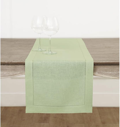 Solino Home Linen Table Runner 48 Inches - 100% Pure Linen Sage Green Hemstitch Table Runner 14 x 48 Inch Ideal for Dresser and Coffee Tables - Christmas, New Year - Classic Hemstitch