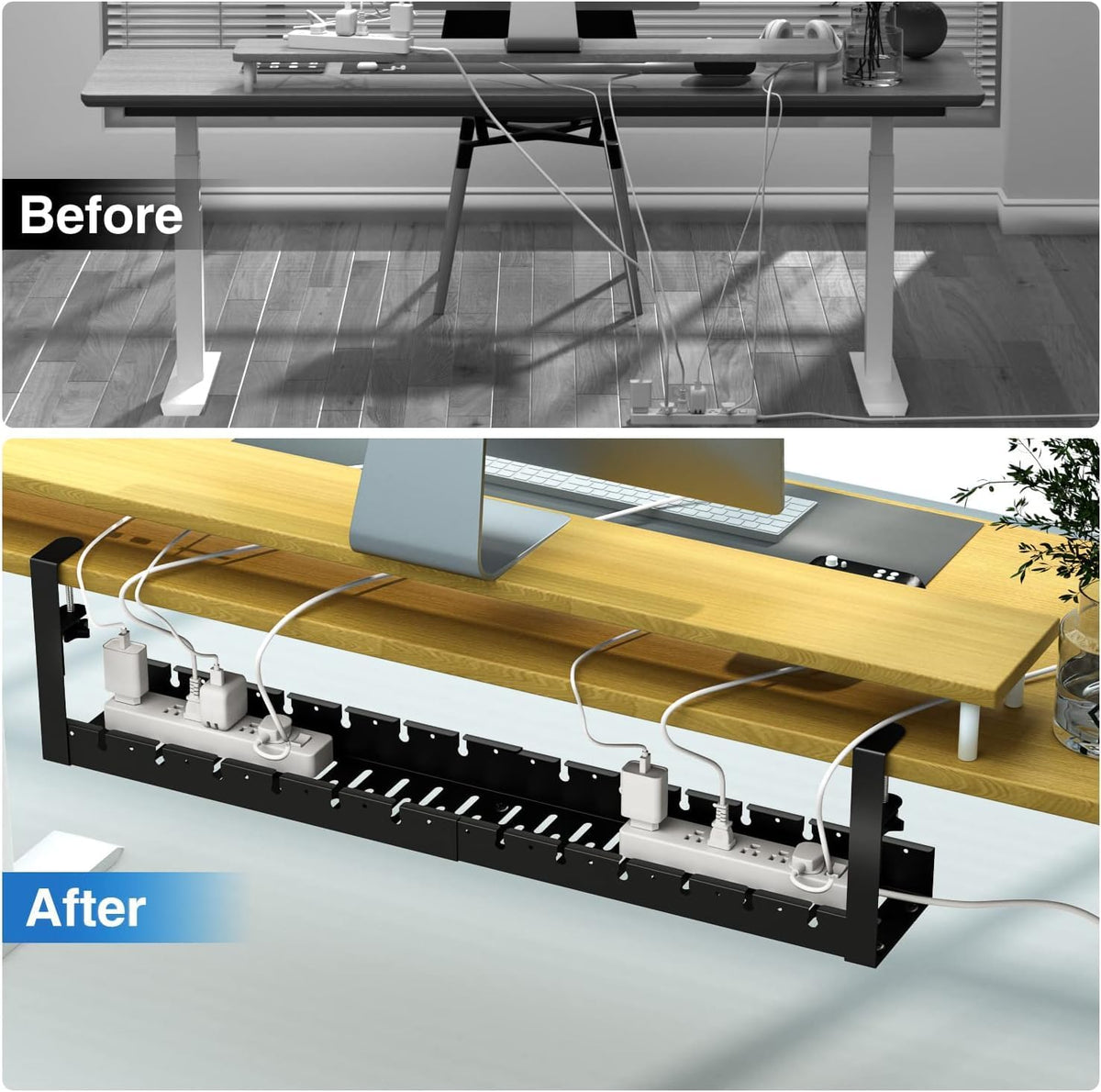 No Drilling Extendable Under Desk Cable Management, Metal Cable Management Tray Under Desk with Clamp, Retractable Power Strip Cord Holder for Wire Management 31Inch (2 Pack Extendable 31')