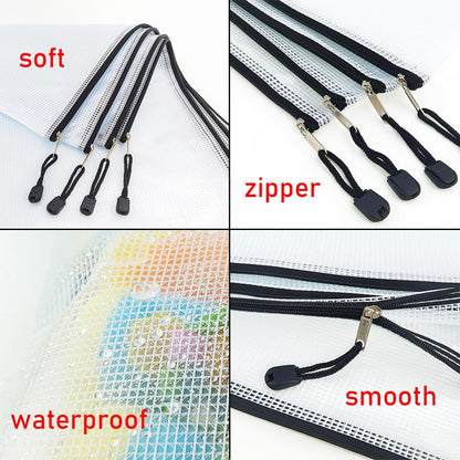 AUSTARK 10 Pcs Zipper File Bags, Waterproof Plastic Mesh Pouch for Office School, Board Game Storage Bags (A5 Size 9.2''x6.7'', White and Black)