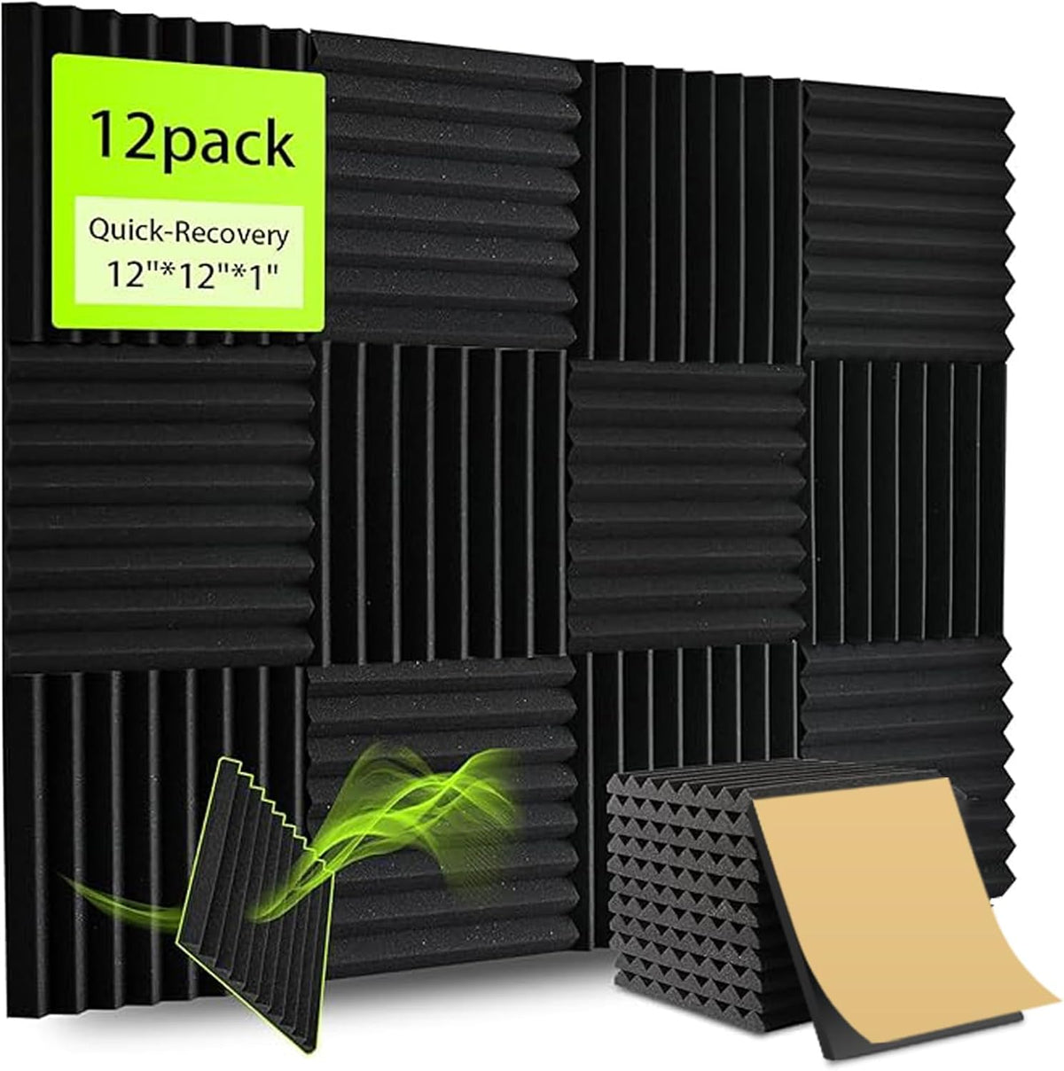 12 Pack Sound Proof Foam Panels for Walls 12x12x1 Inches, Self-Adhesive Wedges Acoustic Panels Sound Absorbing, Acoustic Foam Panels for Recording Studio, Home, Office