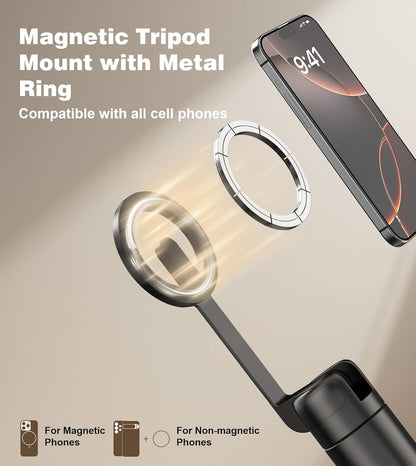 TONEOF 68" Magnetic Selfie Stick Tripod with Aluminum Strong Magnetic Holder for Magsafe, 360° Rotatable Travel Phone Tripod Stand with Metal Ring & Rechargeable Remote for iPhone/Android（Black）