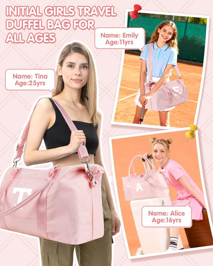 Initial Travel Duffel Bag Sports Gym Bag for Girls Teen Birthday Gifts,Pink Personalized Weekender Bag Carry On Tote Bags for Women Men,Waterproof Overnight Luggage Bag with Trolley Sleeve(Letter L)