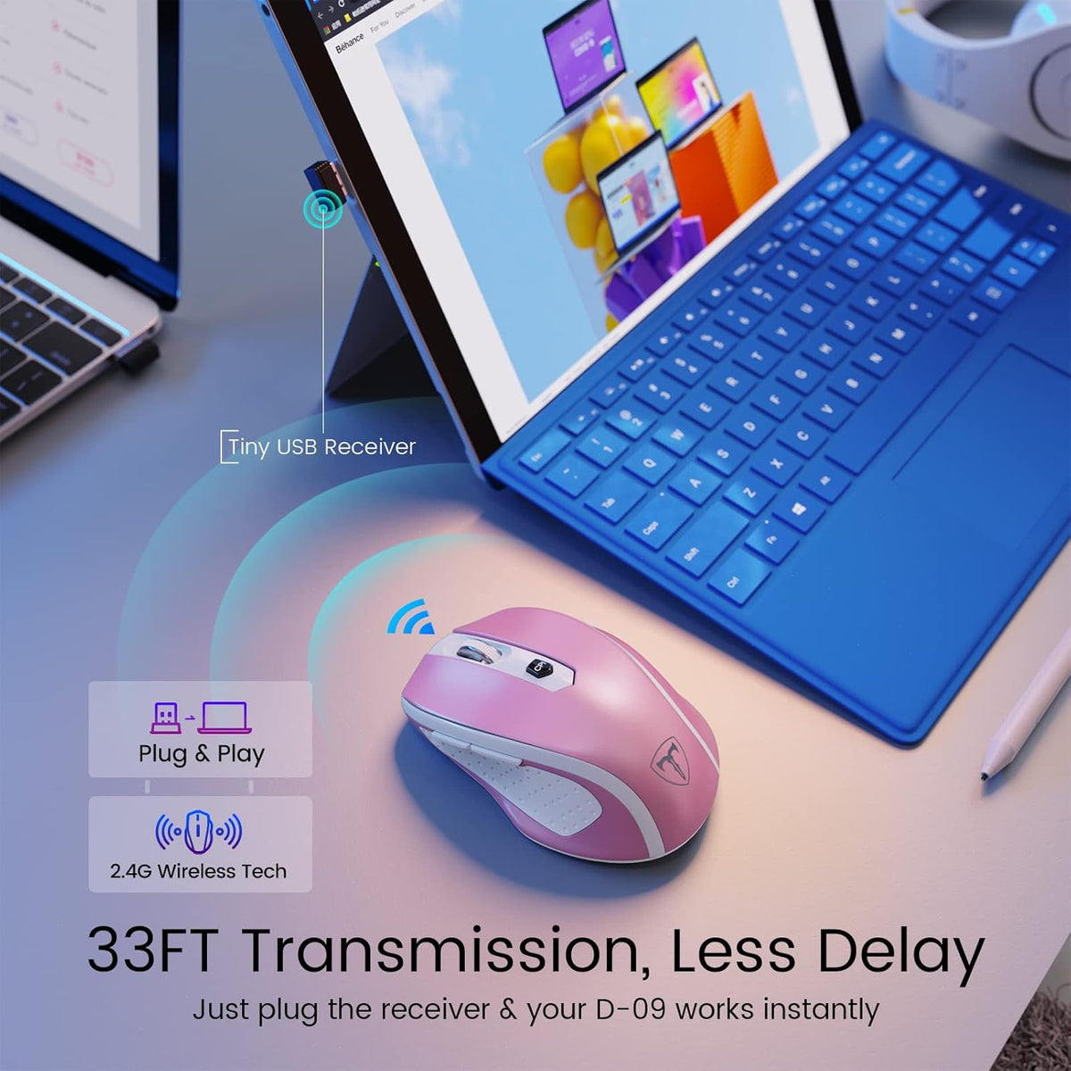 D-09 Wireless Mouse for Laptop - Ergonomic Plus Computer USB Cordless Mice, Ergo Grips, Lightspeed 5-Level 2400 DPI, 16 Months Battery, Portable for PC Mac Chromebook, 6 Button, Flamingo Pink