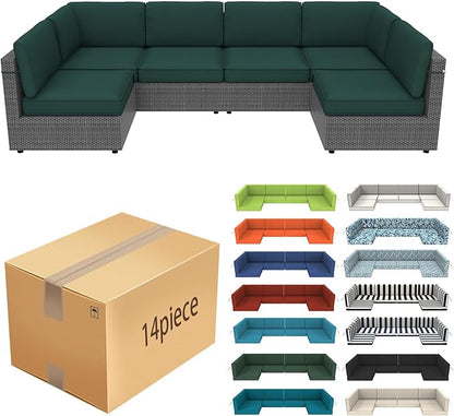 14 Pcs Outdoor Replacement Cushions for Patio Furniture, All Weather Water Resistant Cushion for 6 Seat Rattan Wicker Sectional Patio Conversation Sets and Couch (Dark Green)
