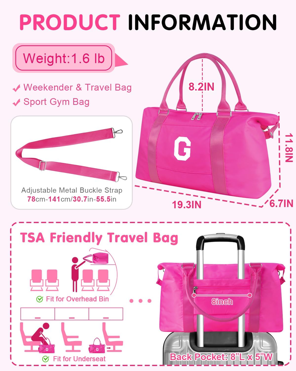 Overnight Bag for Kids Teen Girls Weekender Dance Bag Birthday Graduation Gifts,Initial Travel Duffel Bag Sports Gym Bag Personalized Weekender Bag Carry On Bags Preppy Gifts for Women(Hot Pink, G)