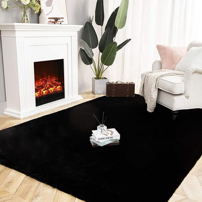 Ashler Faux Fur Rug, Ultra Soft Faux Rabbit Fur, Black Area Rugs, 5 x 7 Feet Rectangle, Machine Washable Nursery Decor Throw Rugs for Bedroom, Kids Room, Living Room