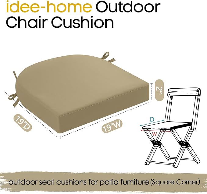 idee-home Outdoor Chair Cushions Set of 4, Thick 19" x 19" x 2" Outdoor Seat Cushions Patio Furniture Waterproof with Ties, Dining Pads