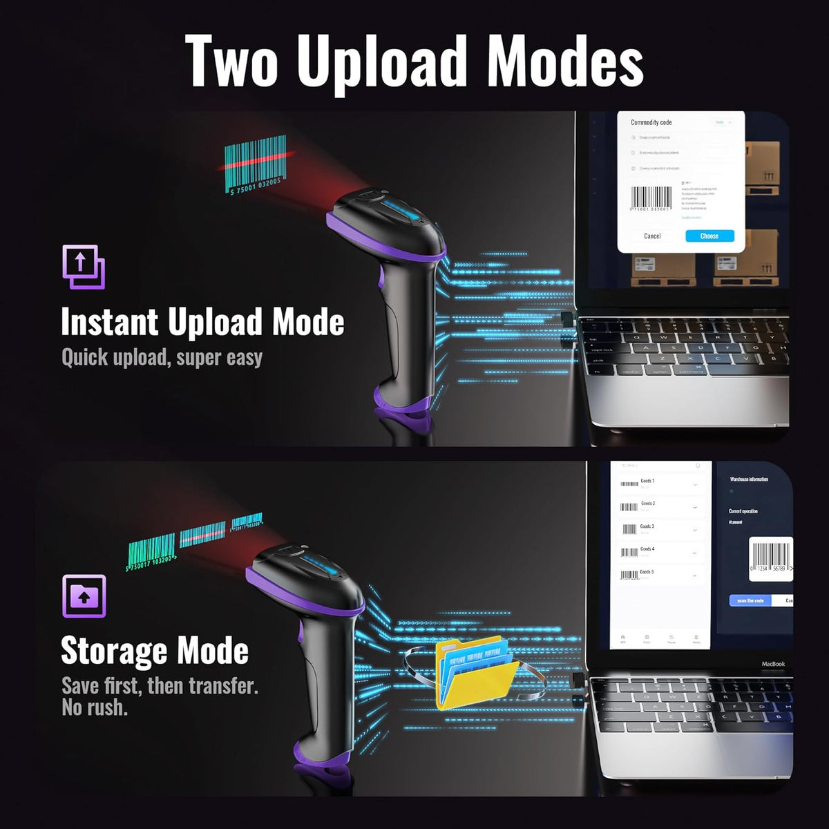 Tera Barcode Scanner Wireless Versatile 2-in-1 (2.4Ghz Wireless+USB 2.0 Wired) with Battery Level Indicator, 328 Feet Transmission Distance Rechargeable 1D Laser Bar Code Reader Handheld 5100 Purple