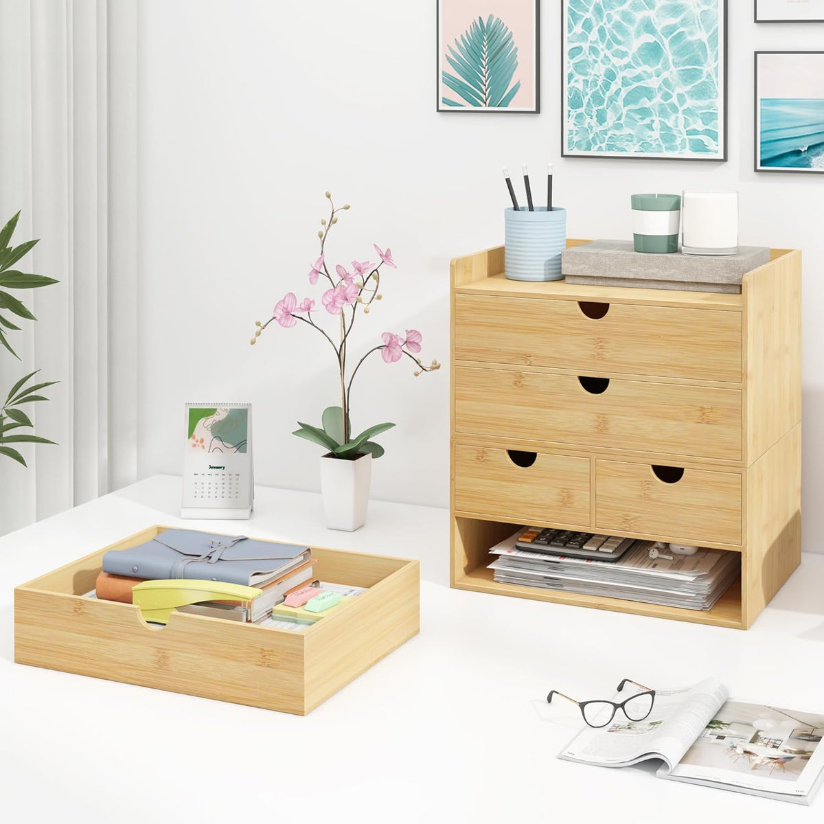 Bamboo Desk Drawer Organizer, Large Desktop Organizer with Drawers Tabletop Storage Organization Box for Office Home Toiletries Supplies Vanity, No Assembly Required (L-3 Drawers)