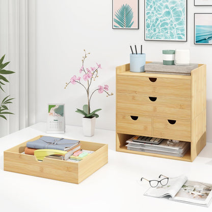 Bamboo Desk Drawer Organizer, Large Desktop Organizer with Drawers Tabletop Storage Organization Box for Office Home Toiletries Supplies Vanity, No Assembly Required (L-3 Drawers)