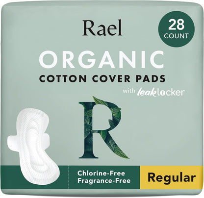Rael Organic Cotton Cover Pads - Regular Absorbency, Unscented, Ultra Thin Pads with Wings for Women (Regular, 28 Count)