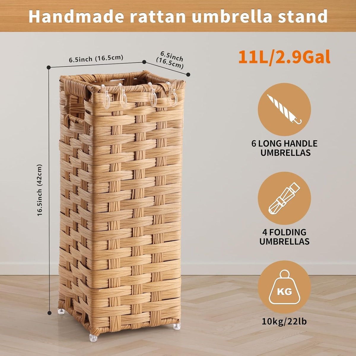 Rattan Umbrella Stand, Umbrella Holder for Entryway, Hand Woven Umbrella Rack Organizer Freestanding, with a Detachable Drip Tray, 4 Hooks, 6.5" L x 6.5" W x 16.5" H