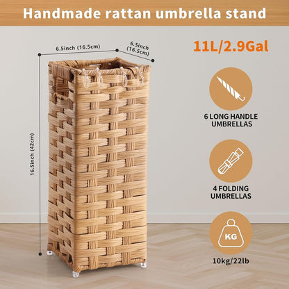 Rattan Umbrella Stand, Umbrella Holder for Entryway, Hand Woven Umbrella Rack Organizer Freestanding, with a Detachable Drip Tray, 4 Hooks, 6.5" L x 6.5" W x 16.5" H