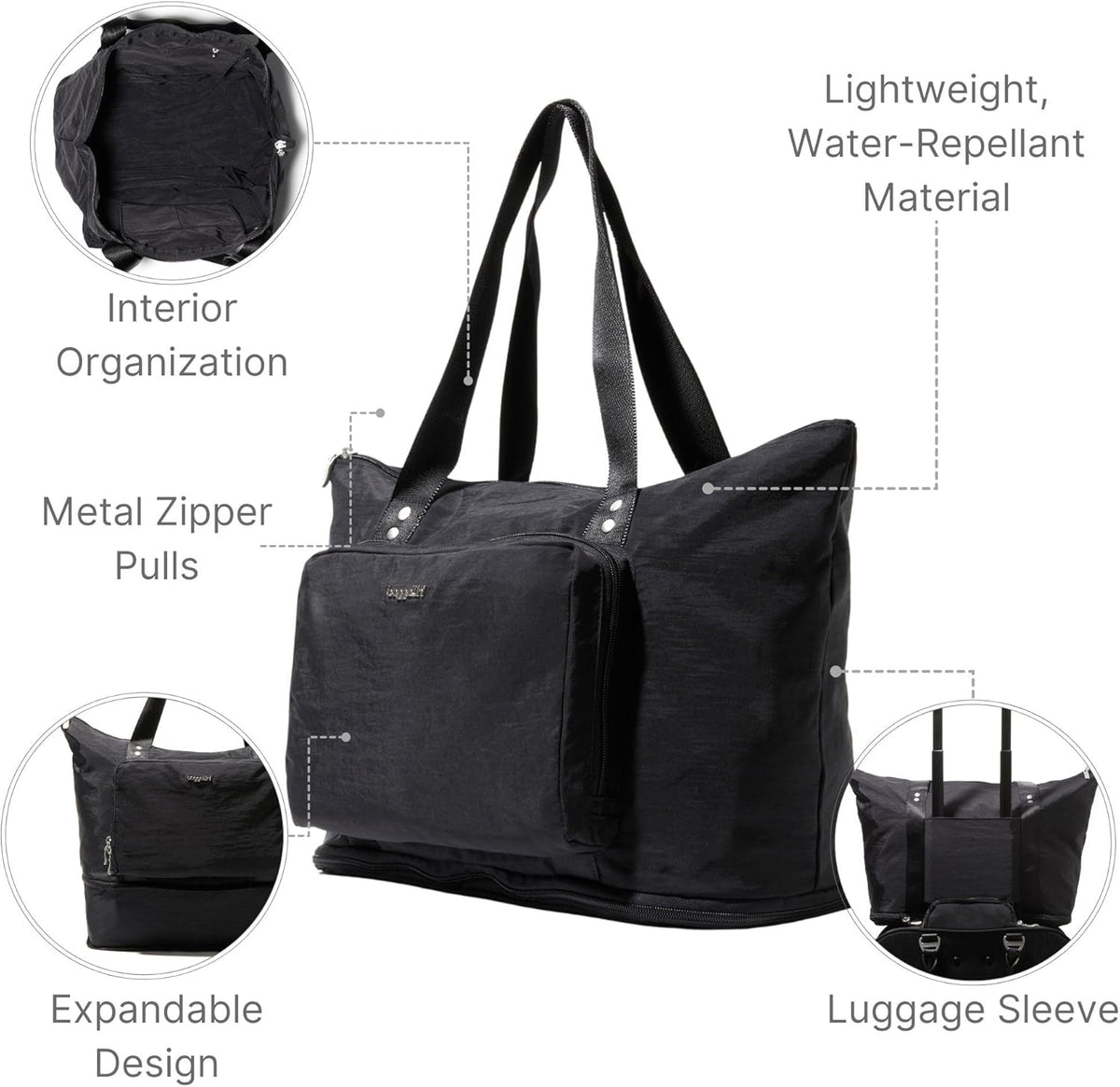Baggallini Carryall Expandable Lightweight Travel Tote 22" Packable Folding Compact Nylon Washable Weekender w/Luggage Sleeve