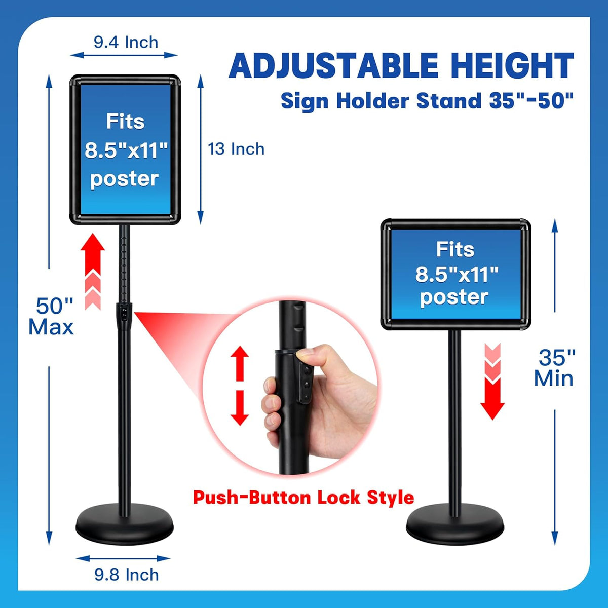 6 Pack Sign Stand for Display - Adjustable 8.5x11 Inch Floor Standing Sign Holder, Pedestal Poster Stand for Vertical&Horizontal View, Indoor&Outdoor Use for Business, Mall, Restaurant - Black