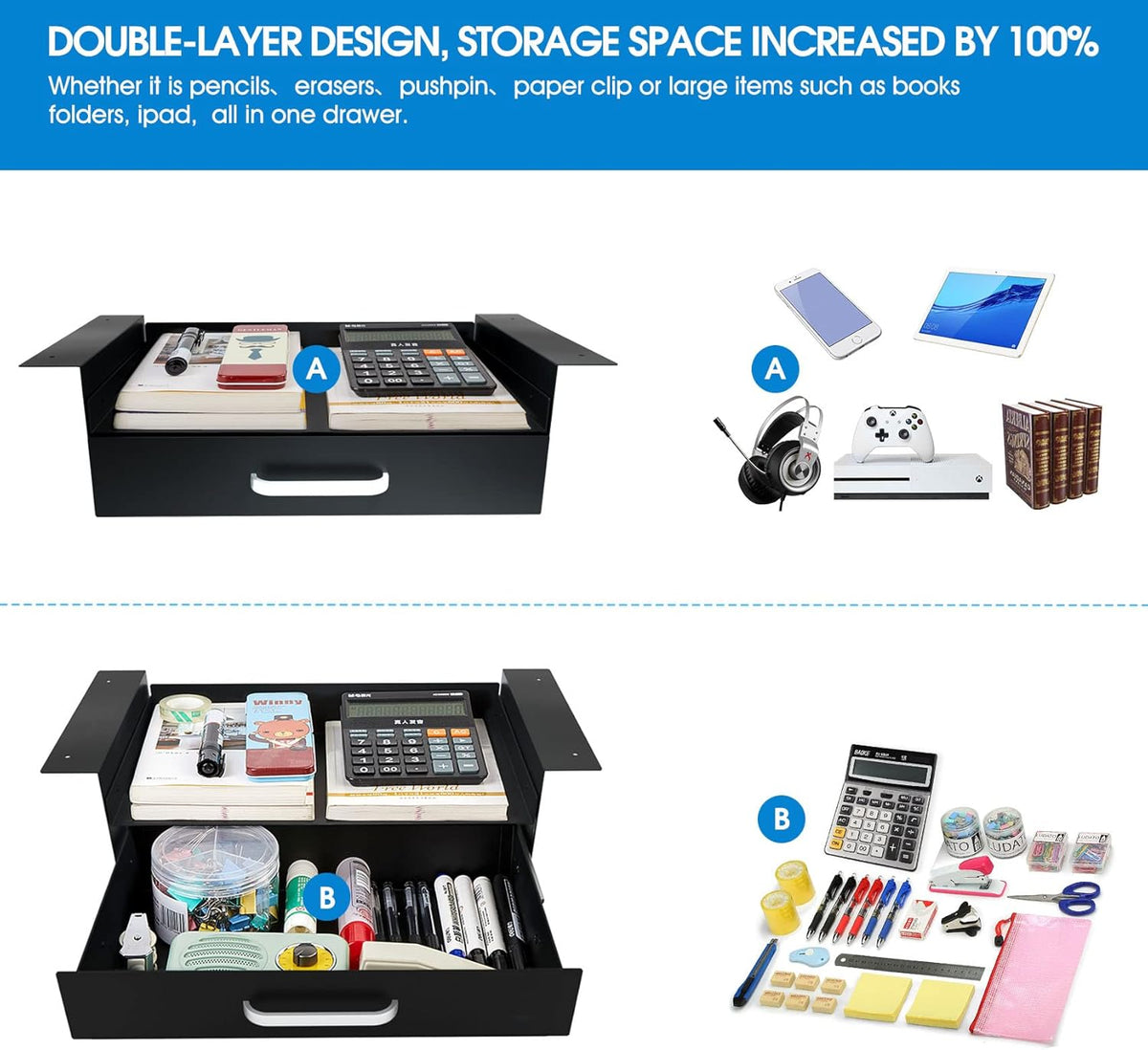 GOME Under Desk Drawer Storage with Laptop/Book/Folders Shelf, Double Layer Easy Slide-Out Undermount Drawer Organizer with Ball Sliding Track for Home Office Sit-Stand Workstation