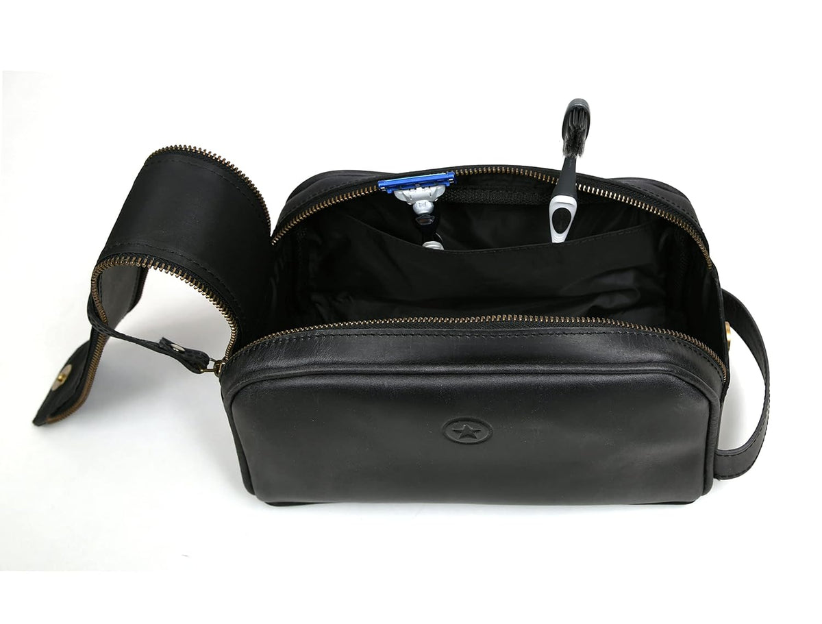 10" Premium Leather Toiletry Travel Pouch With Waterproof Lining Black Color | King-Size Handcrafted Vintage Shaving Kit By Aaron Leather Goods (Florida Black)