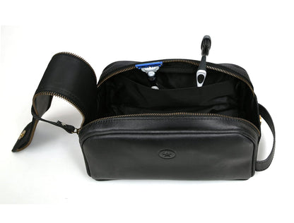 10" Premium Leather Toiletry Travel Pouch With Waterproof Lining Black Color | King-Size Handcrafted Vintage Shaving Kit By Aaron Leather Goods (Florida Black)