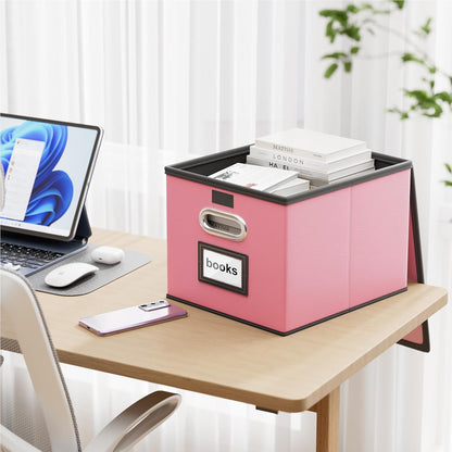 Huolewa Portable Leather File Organizer Storage Boxes, Collapsible File Folder Organizer Boxes with Lids, Document Organizer, Decorative Filing Box Cabinet for Letter/Legal File Folder Storage