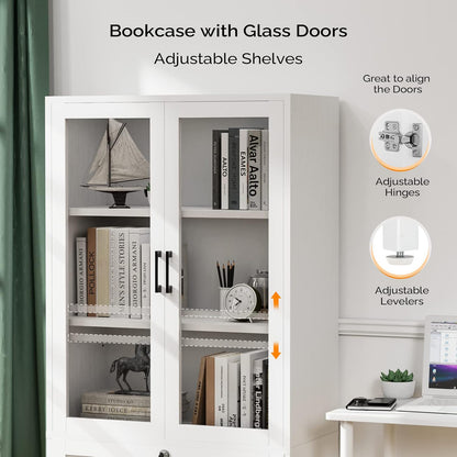 VINGLI Lateral File Cabinet with Glass Doors and Locking Drawer for Hanging File Folders, Bookshelf with Adjustable Shelves for Home Office (White, 30''W x 16''D x 55''H)