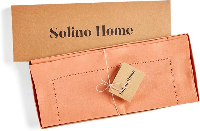 Solino Home Linen Coral Table Runner 108 Inches Long - 100% Pure Linen Hemstitch 14 x 108 Inch Table Runner for Dining - Classic Hemstitch