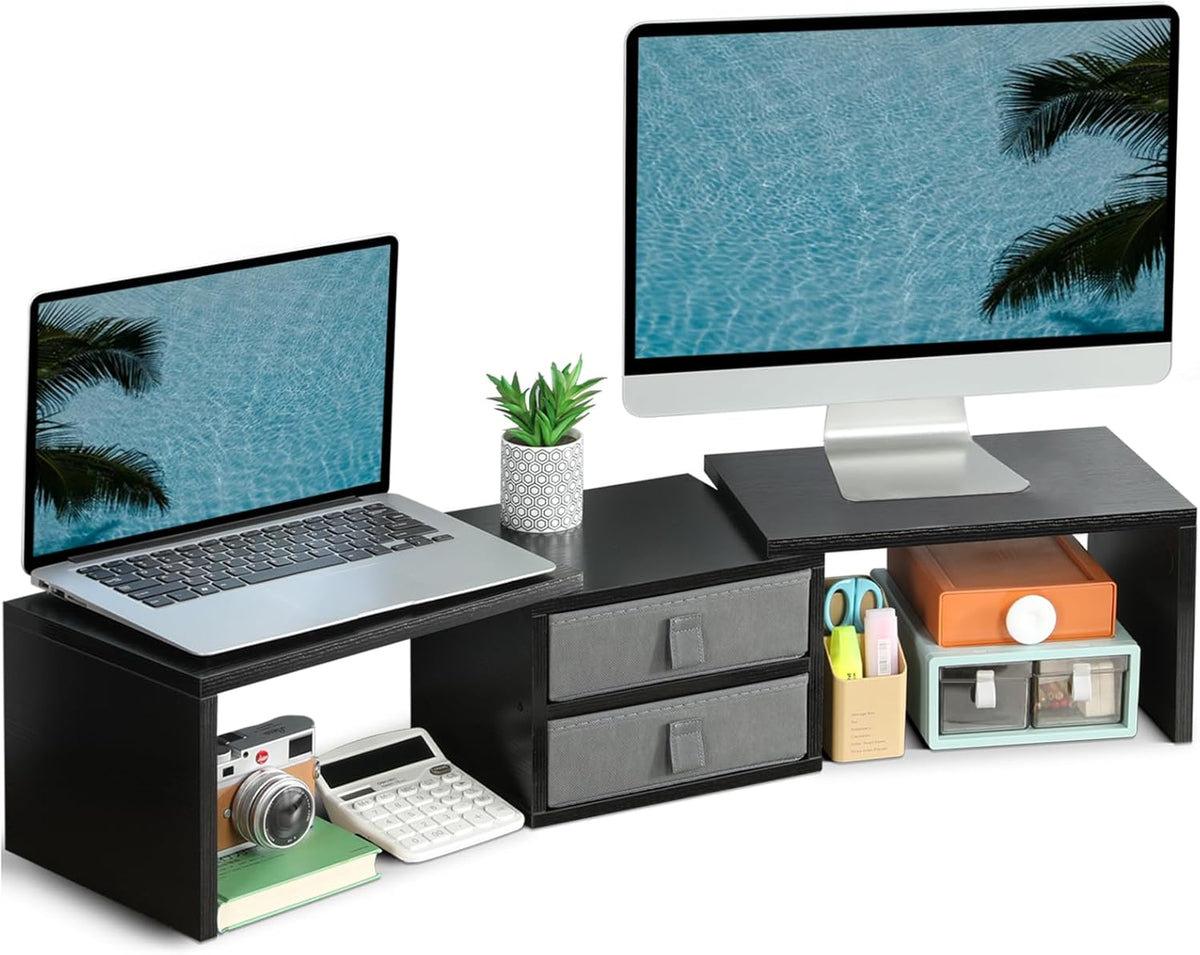 TEAMIX Dual Monitor Stand Riser with 2 Drawers-Length and Angle Adjustable 3 shelf Monitor Riser with Storage Desk Organizer Large Computer Monitor Stand for 2 Monitors/Laptop/PC,Wood Screen/TV Stand