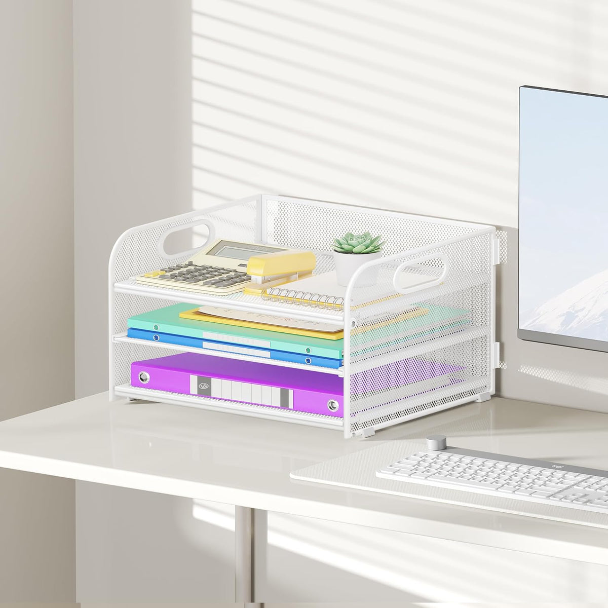 3 Tier Paper Organizer with Handle, Metal Desk Organizer Mesh Paper Letter Tray Desktop File Folder Document Sorter for Classroom, School, Office Accessories Organization and Storage - White