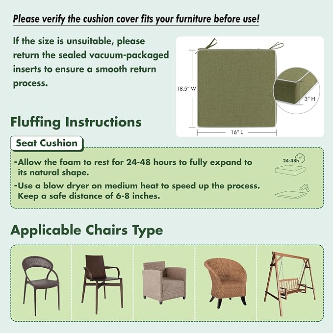 MIULEE Green Outdoor Chair Cushions Set of 4, 18.5x16x3 Inch Waterproof Patio Seat Cushions for Outdoor Furniture Couch Sofa, 3 Year Color Fastness High Density Foam with Adjustable Ties