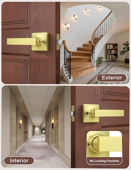 Mengico 5 Pack Passage Door Levers Gold Finish, No-Locking Keyless Square Door