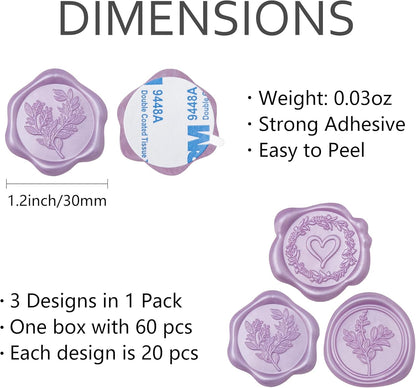 60 Pcs Lilac Wax Seal Stickers Self-Adhesive Envelope Seals Stamp Stickers, Perfect for Wedding Invitations Seating Chart Christmas Gift Wrapping 3 Designs in 1 Pack