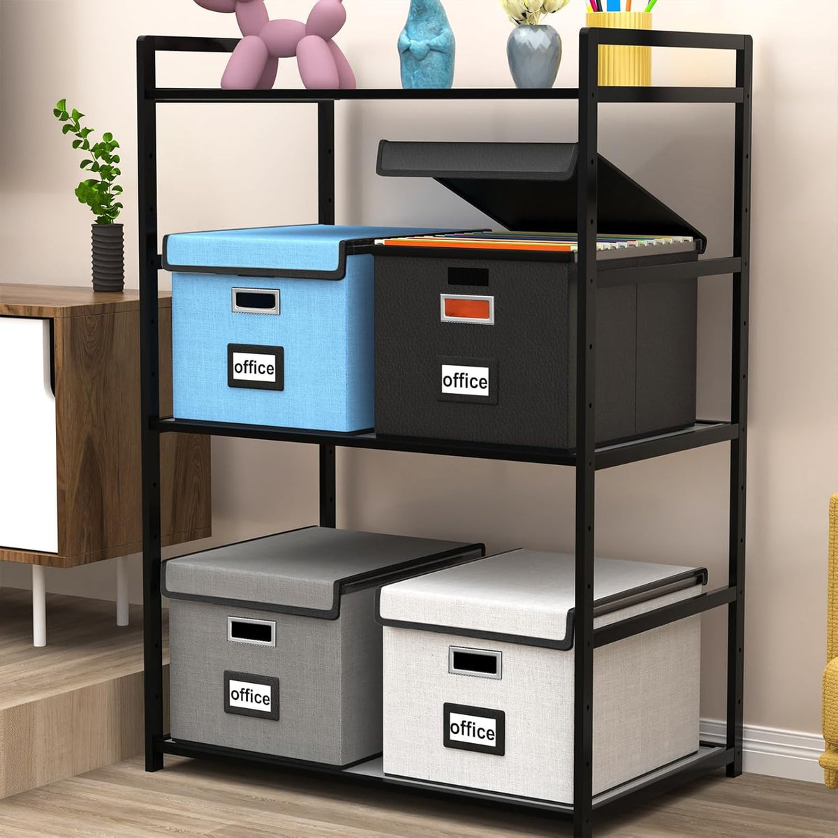 Huolewa File Organizer Boxes with Lids, Collapsible Faux Leather Hanging File Folder Box Organizer with Plastic Slide, Decorative Home/Office Filing System Boxes for File and Folders Storage