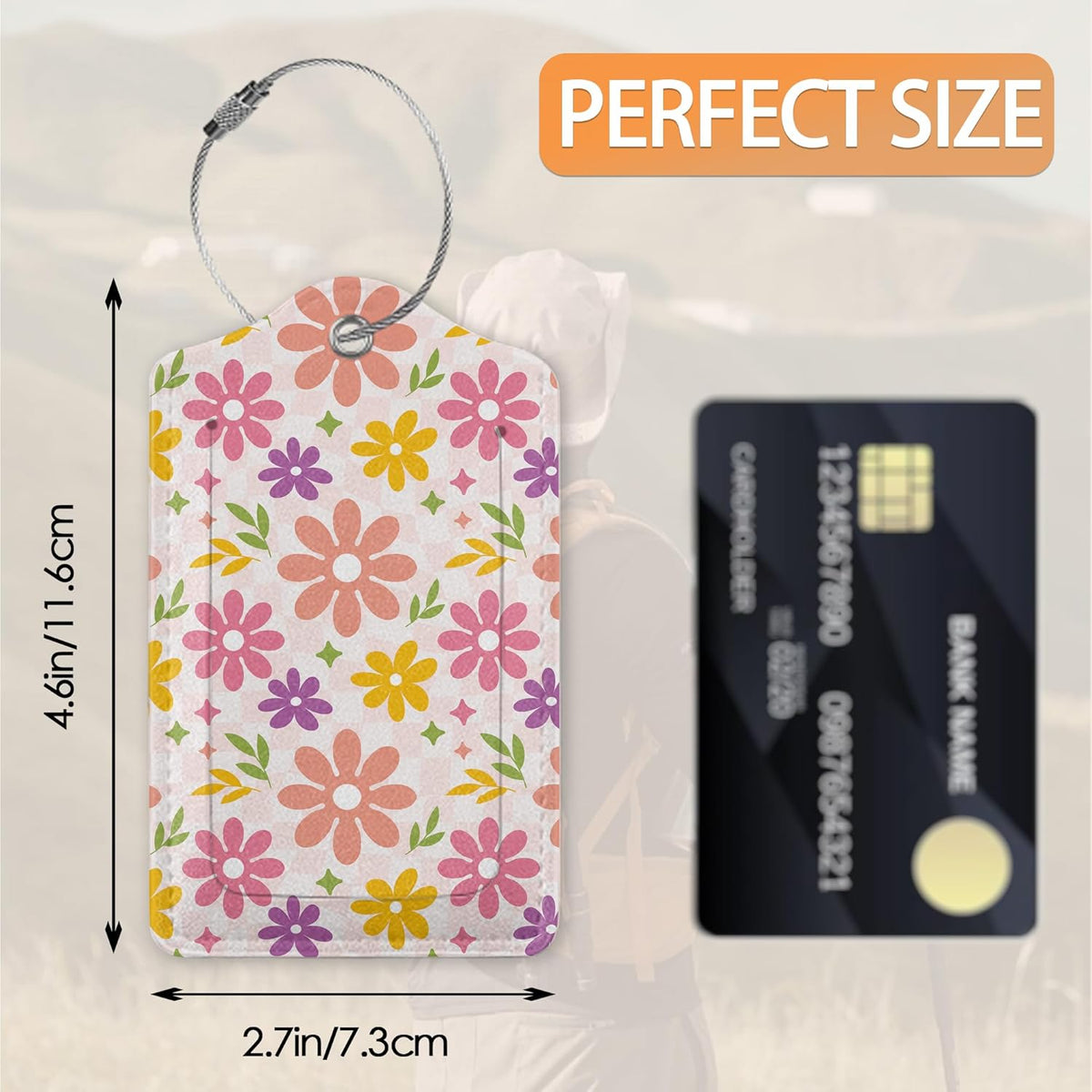 3 Pcs Luggage Tag for Suitcases,Flowers Hippie Wavy Swirl Checkered Leather Baggage Tags Identifiers for Travel,Privacy Protection Travel Bag Labels Suitcase Tags for Women Men