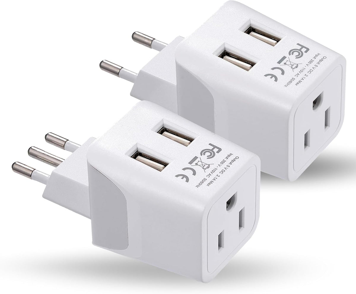 Ceptics Italy, Europe Travel Adapter Plug Set - 2 Pack - with 2 USB + USA Socket Input - Type L and Type C - Ultra Compact - Safe Grounded Perfect for Cell Phones, Laptops, Camera Chargers
