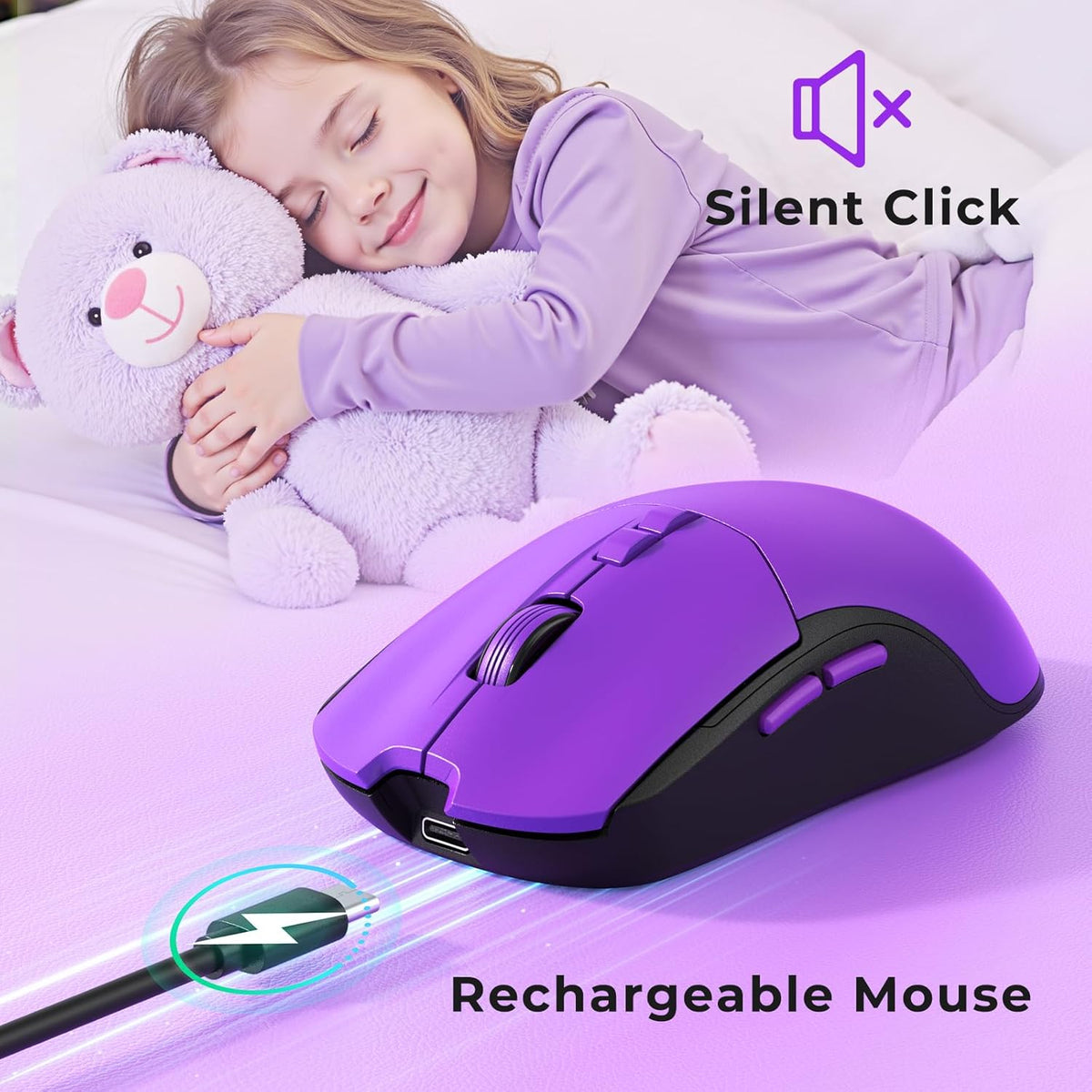 Wireless Keyboard and Mouse Set with Quiet Keys, 2.4G Full Size Purple Keyboard and Mouse with Wrist Rest, Protective Covers, Soft Touch Silent Design for Windows, Computer, PC and Laptop