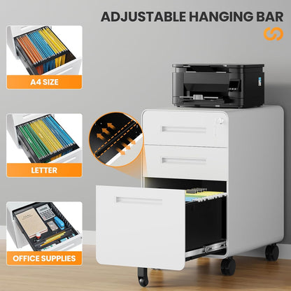 3 Drawer File Cabinet, Fully Assembled Mobile File Cabinets with Lock for Home Office, Metal Rolling Filing Caninet on Wheels, Three Drawer Under Desk Cabnet for Letter/Legal / A4 - White