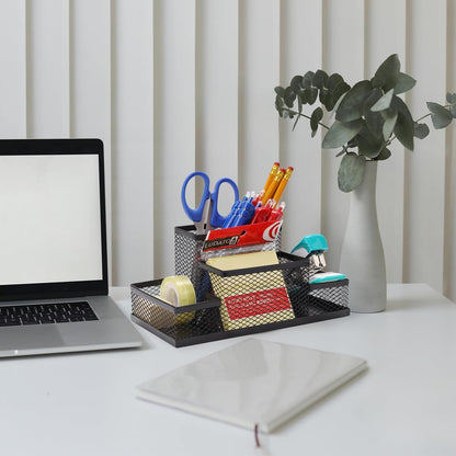 Ludato Desk Organizers Pen Holder for Desk, 4 Compartments Black Mesh Pen Holder Storage for Office Desk Accessories